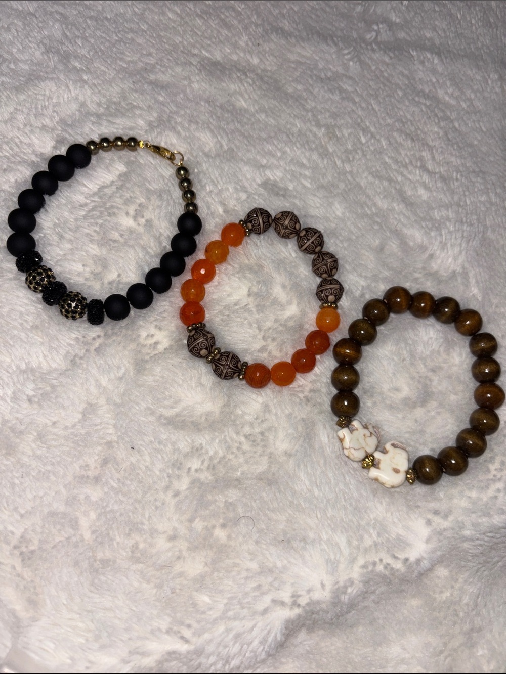 Handmade Bead Stretch Bracelet Trio - Black, Orange, Brown